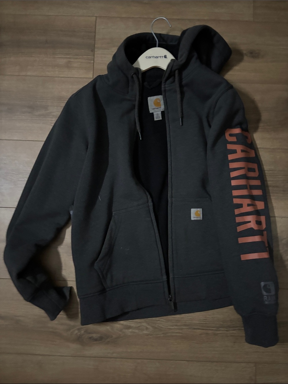 Carhartt Men's Charcoal Zip-Up Hoodie with Rust Sleeve Logo